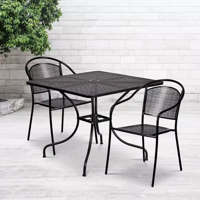 Emma and Oliver Commercial 35.5 Square Metal Garden Patio Table Set w/ 2 Round Back Chairs