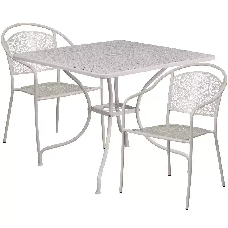 Emma and Oliver Commercial 35.5 Square Metal Garden Patio Table Set w/ 2 Round Back Chairs