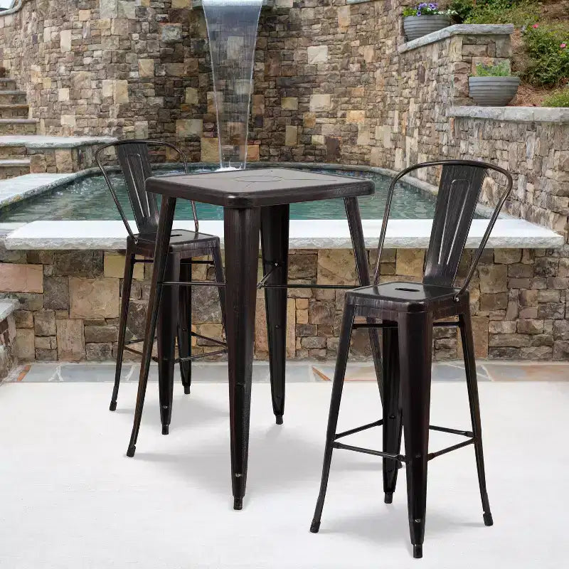 Emma and Oliver Commercial Grade 23.75 Square Metal Indoor-Outdoor Bar Table Set, 2 Back Stools