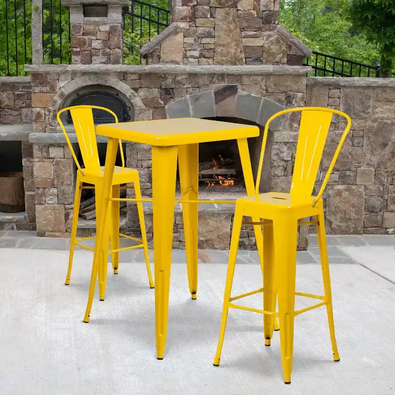 Emma and Oliver Commercial Grade 23.75 Square Metal Indoor-Outdoor Bar Table Set, 2 Back Stools