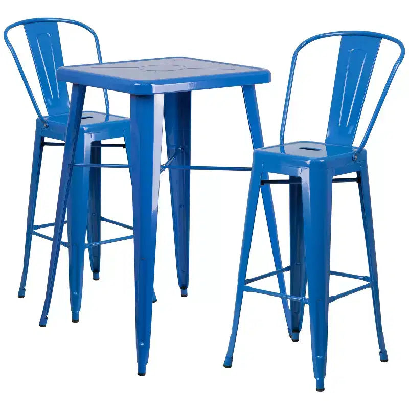 Emma and Oliver Commercial Grade 23.75 Square Metal Indoor-Outdoor Bar Table Set, 2 Back Stools