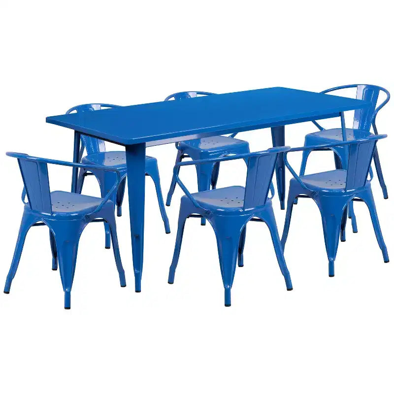 Emma and Oliver Commercial Grade Rectangular Metal Indoor-Outdoor Table Set with 6 Arm Chairs