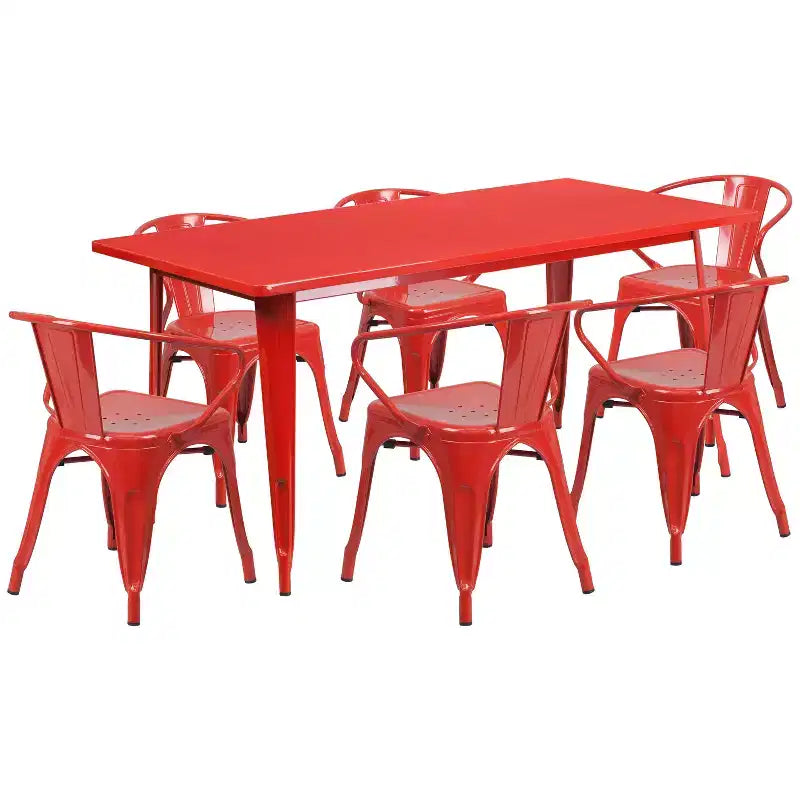 Emma and Oliver Commercial Grade Rectangular Metal Indoor-Outdoor Table Set with 6 Arm Chairs