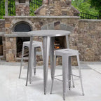 Emma and Oliver Commercial Grade 30 Round Metal Indoor-Outdoor Bar Table Set, 2 Backless Stools
