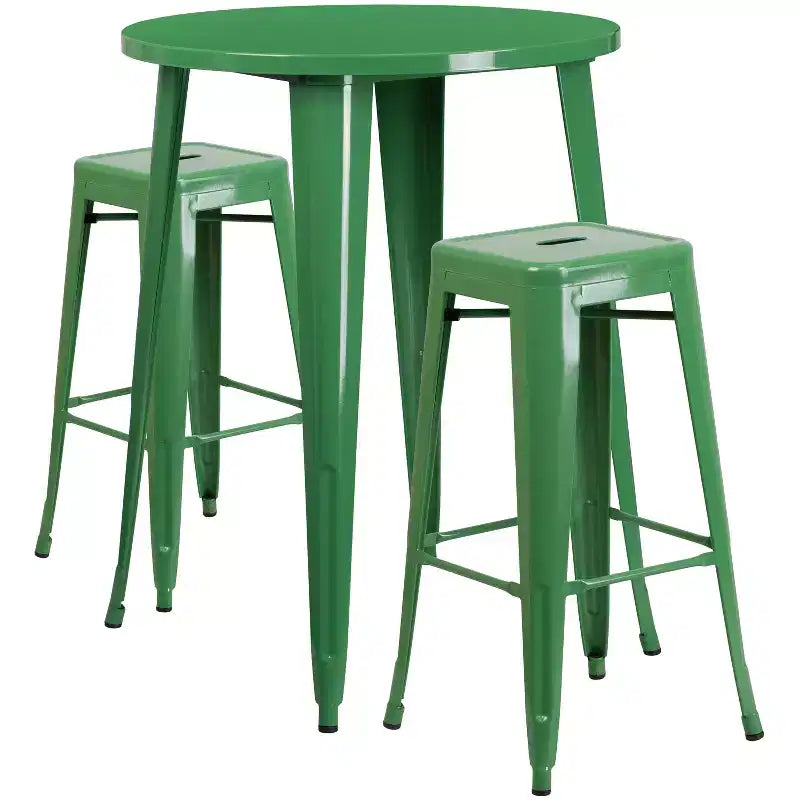 Emma and Oliver Commercial Grade 30 Round Metal Indoor-Outdoor Bar Table Set, 2 Backless Stools