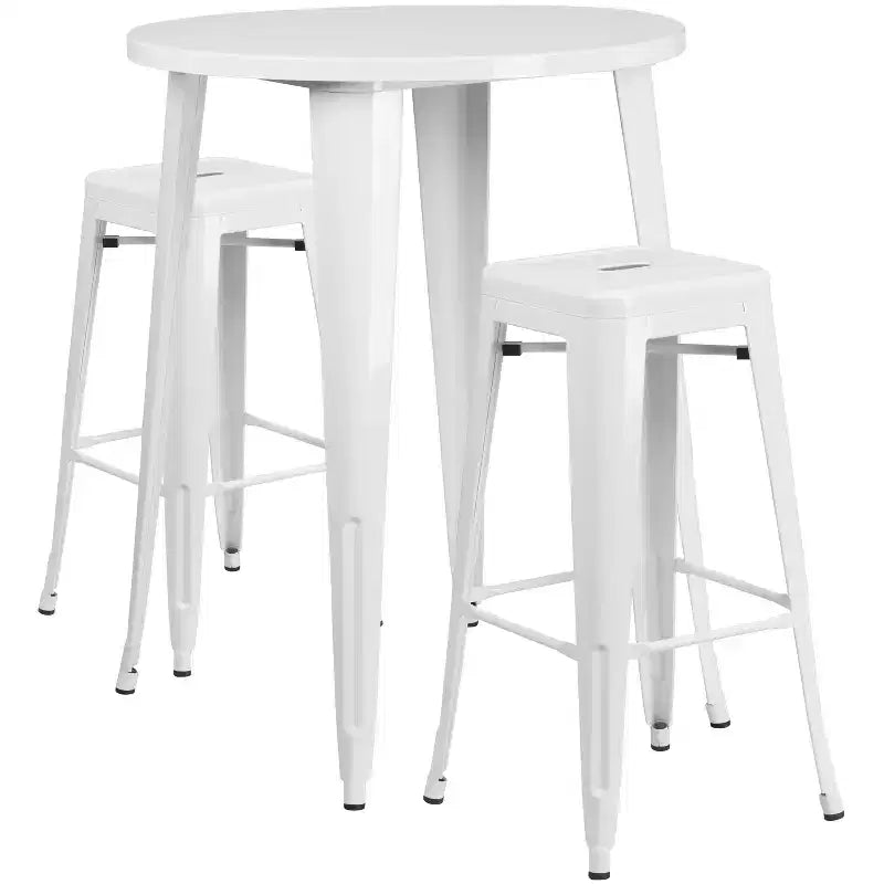 Emma and Oliver Commercial Grade 30 Round Metal Indoor-Outdoor Bar Table Set, 2 Backless Stools