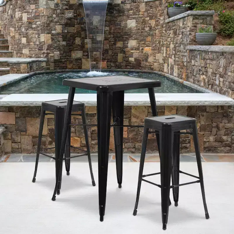 Emma and Oliver Commercial Grade 23.75 Square Metal Indoor-Outdoor Bar Set & 2 Backless Stools