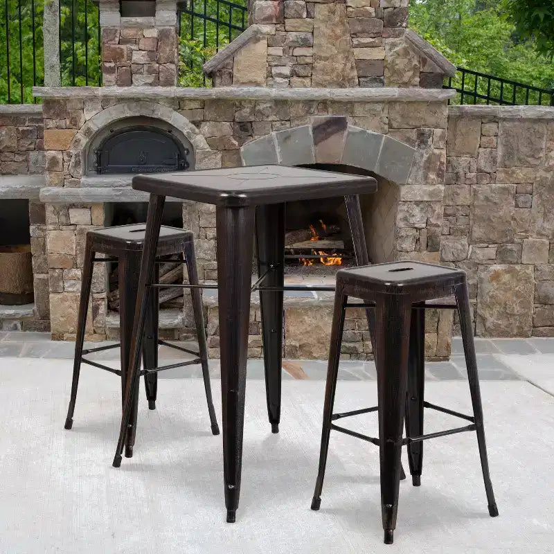 Emma and Oliver Commercial Grade 23.75 Square Metal Indoor-Outdoor Bar Set & 2 Backless Stools