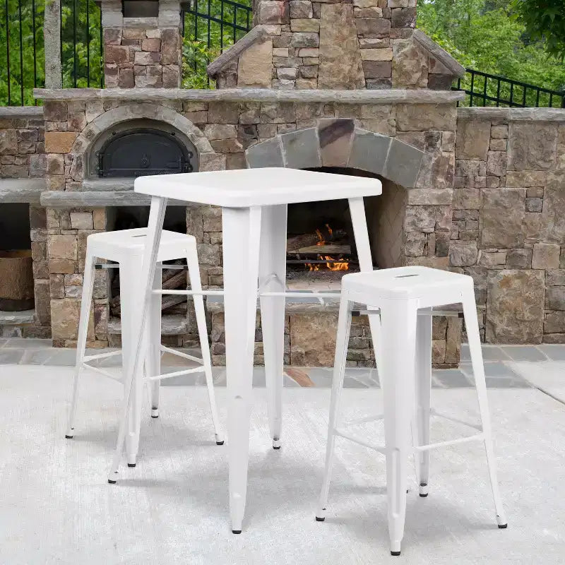 Emma and Oliver Commercial Grade 23.75 Square Metal Indoor-Outdoor Bar Set & 2 Backless Stools