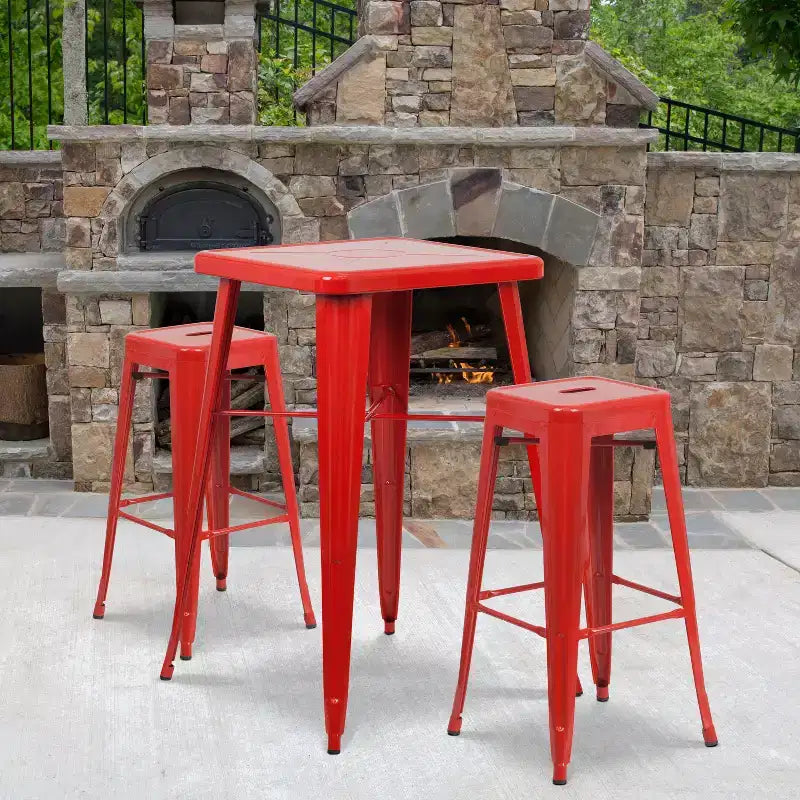 Emma and Oliver Commercial Grade 23.75 Square Metal Indoor-Outdoor Bar Set & 2 Backless Stools