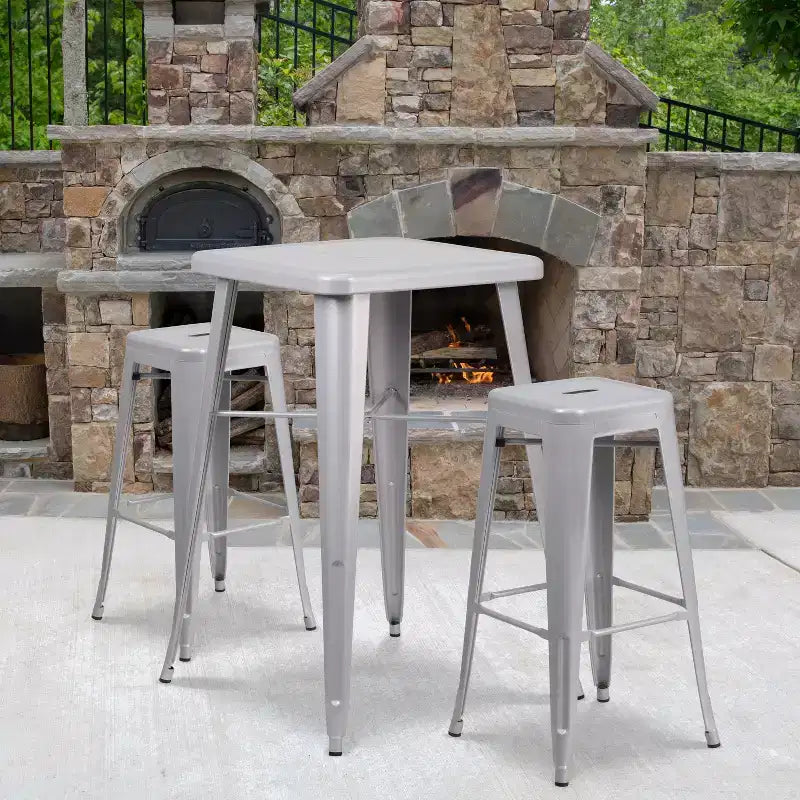 Emma and Oliver Commercial Grade 23.75 Square Metal Indoor-Outdoor Bar Set & 2 Backless Stools