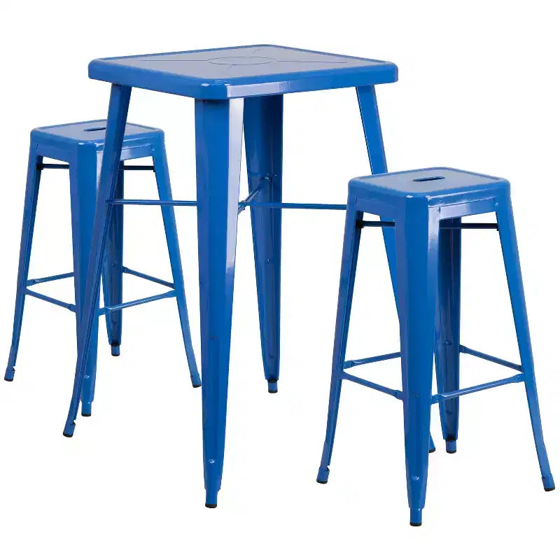Emma and Oliver Commercial Grade 23.75 Square Metal Indoor-Outdoor Bar Set & 2 Backless Stools