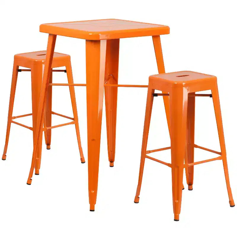 Emma and Oliver Commercial Grade 23.75 Square Metal Indoor-Outdoor Bar Set & 2 Backless Stools