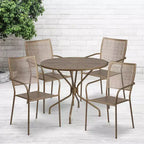 Emma and Oliver Commercial Grade 35.25 Round Metal Garden Patio Table Set, 4 Square Back Chairs