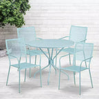 Emma and Oliver Commercial Grade 35.25 Round Metal Garden Patio Table Set, 4 Square Back Chairs