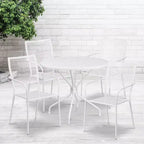 Emma and Oliver Commercial Grade 35.25 Round Metal Garden Patio Table Set, 4 Square Back Chairs