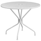 Emma and Oliver Commercial Grade 35.25 Round Metal Garden Patio Table Set, 4 Square Back Chairs