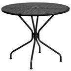 Emma and Oliver Commercial Grade 35.25 Round Metal Garden Patio Table Set, 4 Square Back Chairs