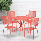 Emma and Oliver Commercial Grade 35.25 Round Metal Garden Patio Table Set, 4 Square Back Chairs