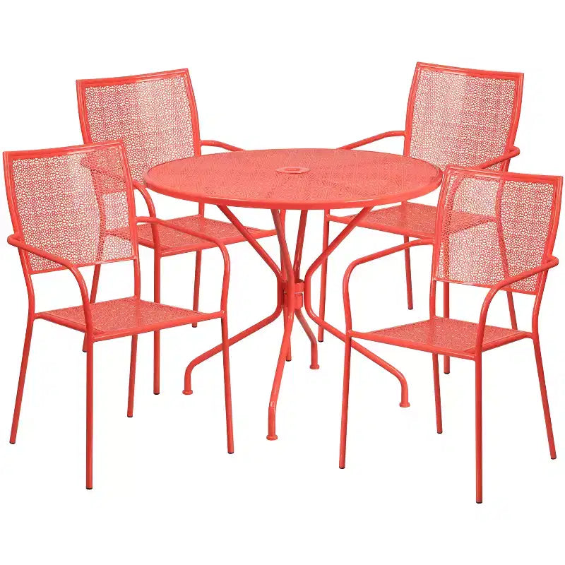 Emma and Oliver Commercial Grade 35.25 Round Metal Garden Patio Table Set, 4 Square Back Chairs