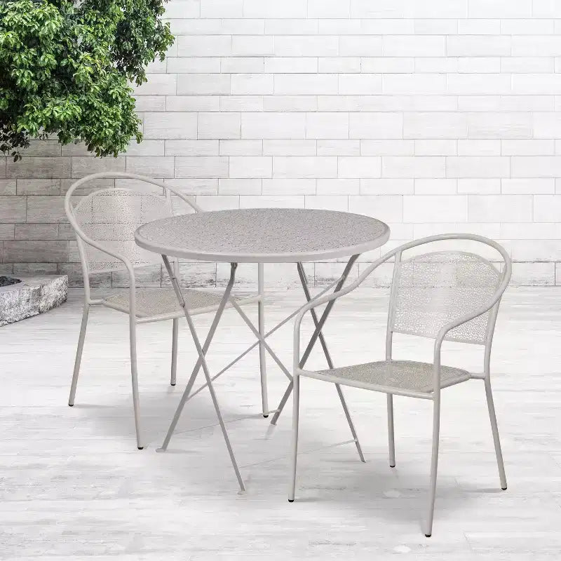Emma and Oliver Commercial Grade 30 Round Metal Folding Patio Table Set w/ 2 Round Back Chairs