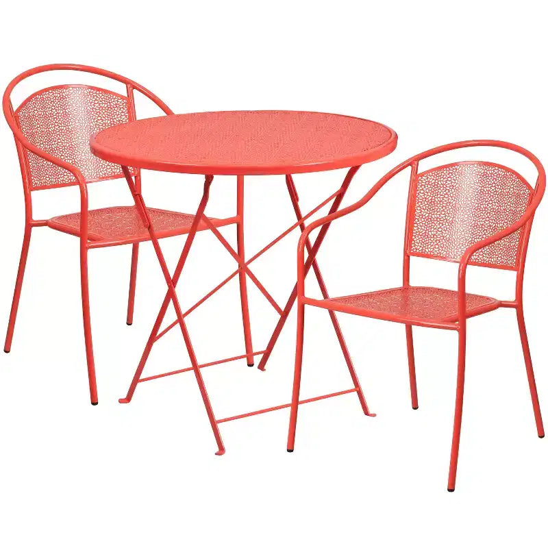 Emma and Oliver Commercial Grade 30 Round Metal Folding Patio Table Set w/ 2 Round Back Chairs