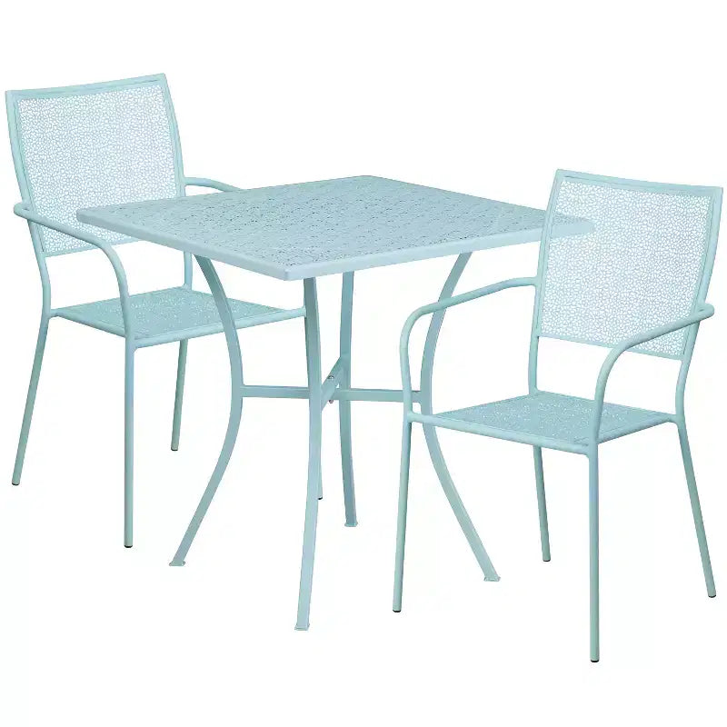 Emma and Oliver Commercial Grade 28 Square Metal Garden Patio Table Set w/ 2 Square Back Chairs