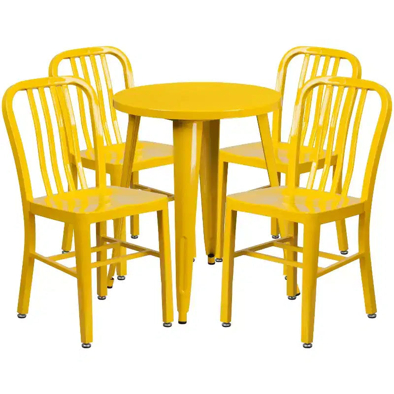 Emma and Oliver Commercial Grade 24 Round Metal Indoor-Outdoor Table Set & 4 Slat Back Chairs