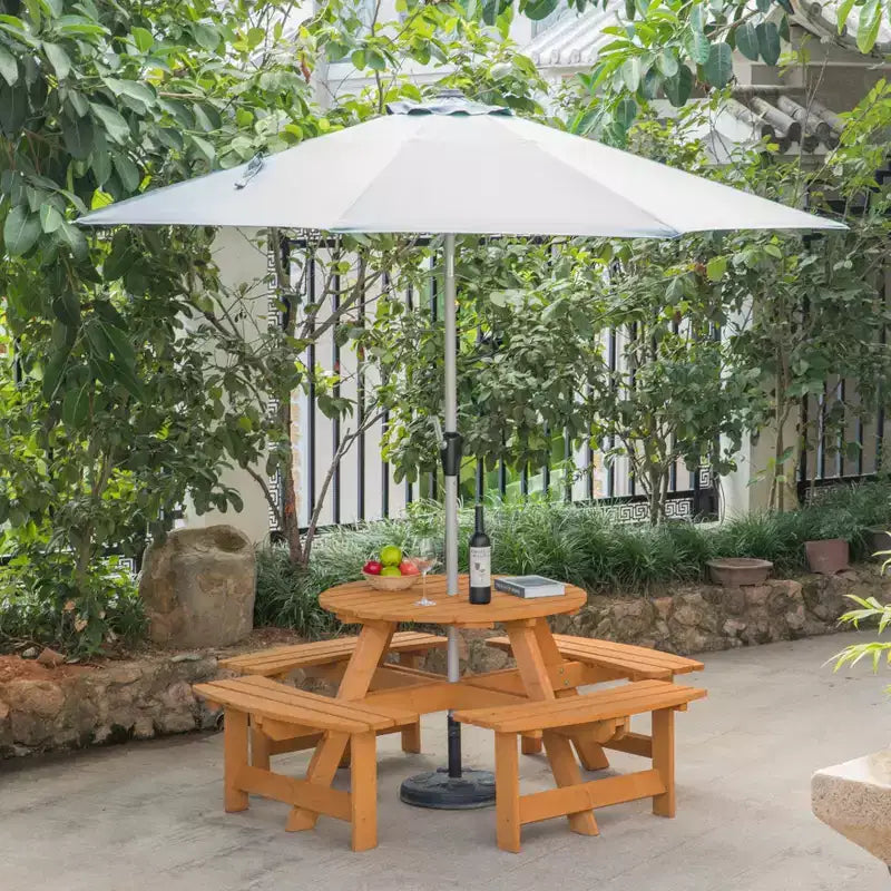 Gardenised Wooden Outdoor Patio Garden Round Picnic Table with Bench, 8 Person