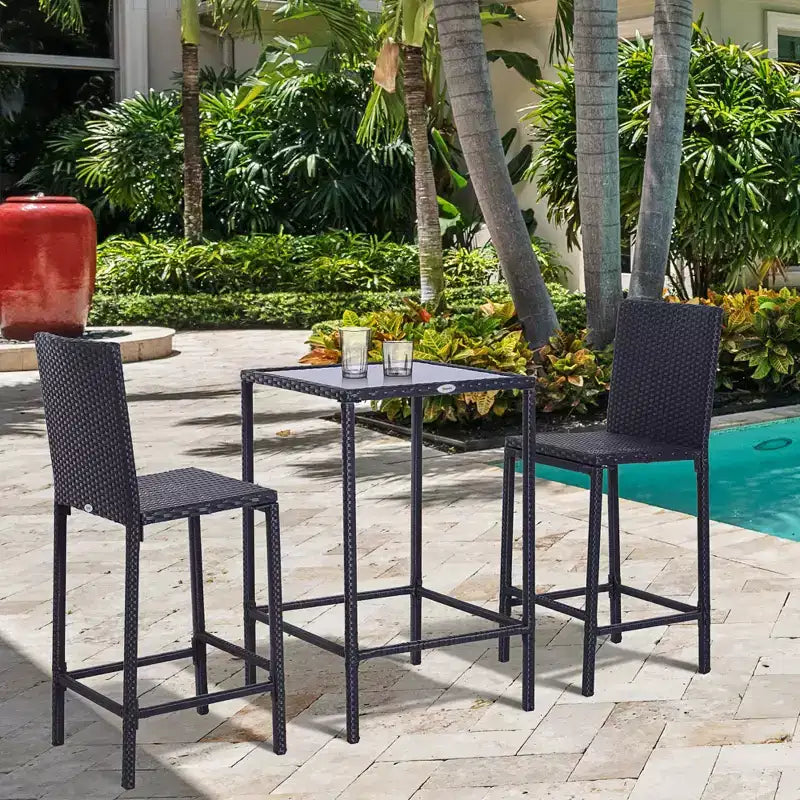 Outsunny 3 PCS Rattan Bar Set with Glass Top Table, 2 Bar Stools for Outdoor, Patio, Garden, Poolside, Backyard