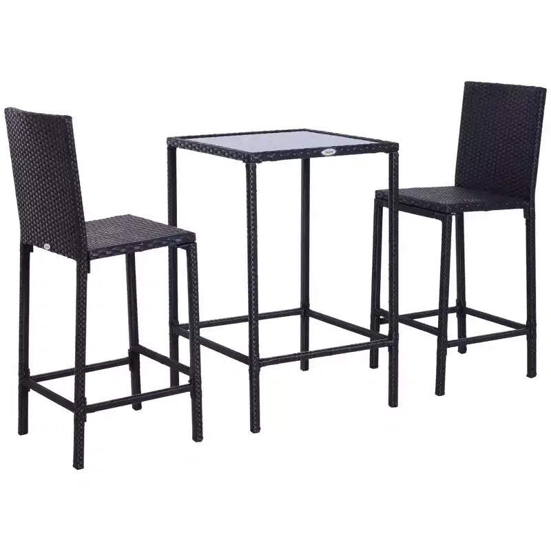 Outsunny 3 PCS Rattan Bar Set with Glass Top Table, 2 Bar Stools for Outdoor, Patio, Garden, Poolside, Backyard