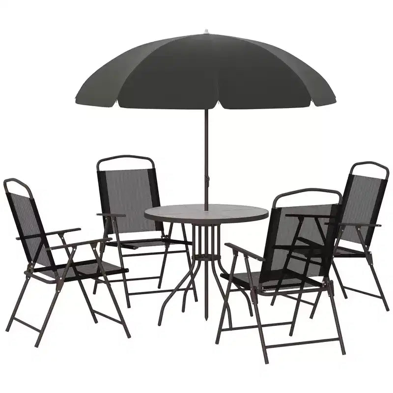 Outsunny 6 Piece Patio Dining Set for 4 with Umbrella, 4 Folding Dining Chairs & Round Glass Table for Garden, Backyard, and Poolside