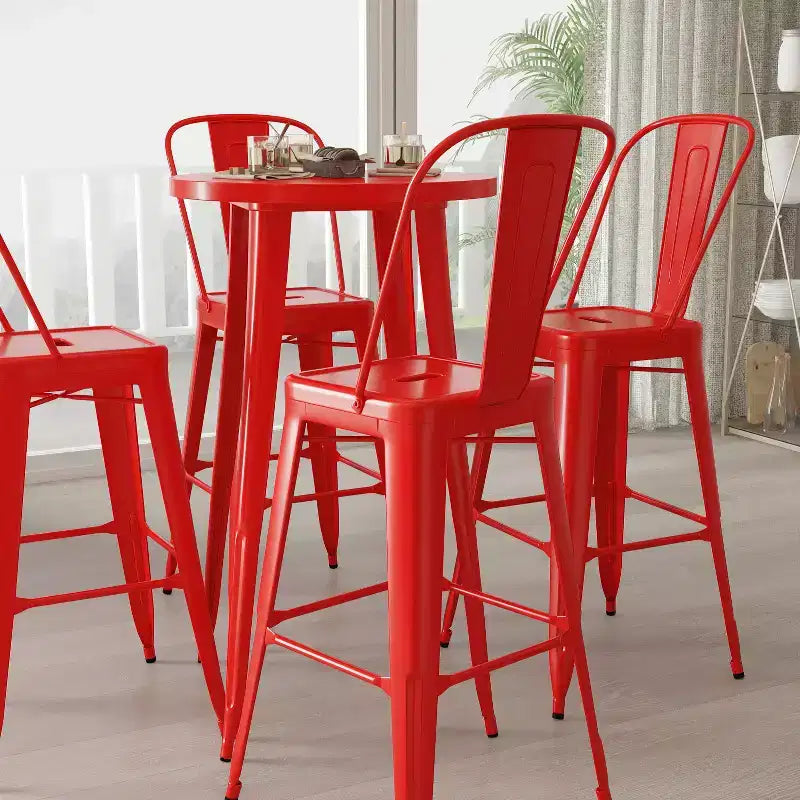 Merrick Lane Outdoor Dining Set with 24 Round Table and Slatted Back Bar Stools with Footrests
