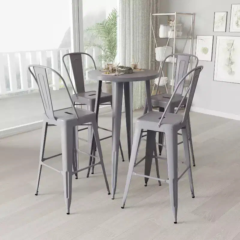 Merrick Lane Outdoor Dining Set with 24 Round Table and Slatted Back Bar Stools with Footrests