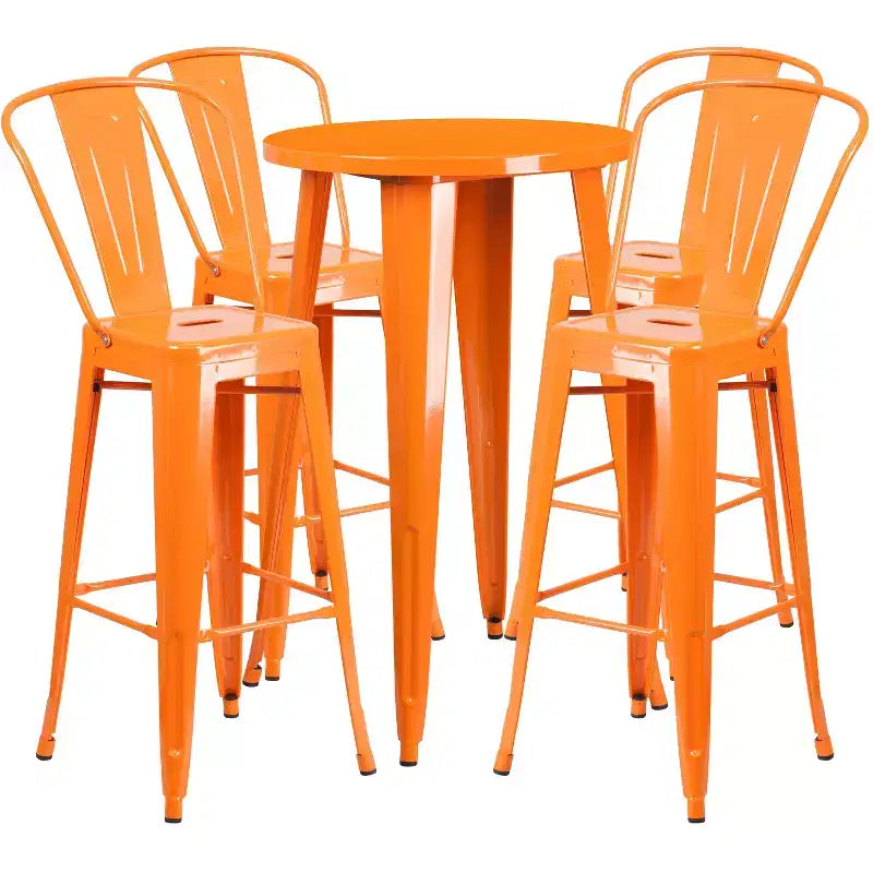 Merrick Lane Outdoor Dining Set with 24 Round Table and Slatted Back Bar Stools with Footrests