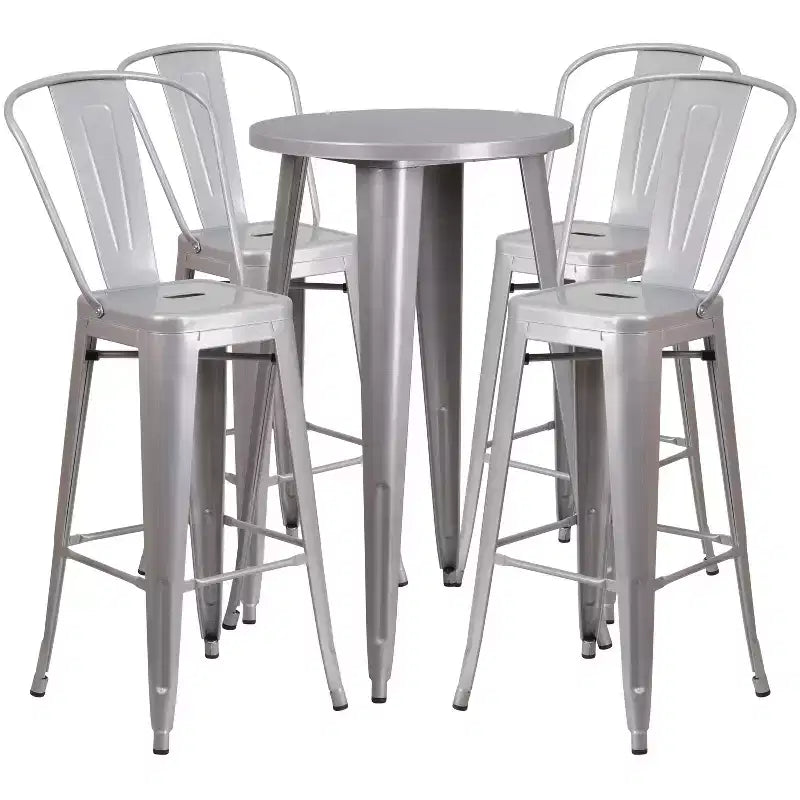 Merrick Lane Outdoor Dining Set with 24 Round Table and Slatted Back Bar Stools with Footrests