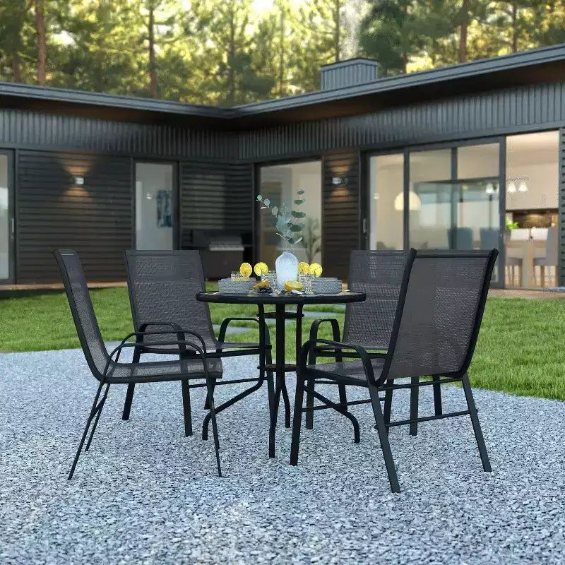 Flash Furniture 5 Piece Outdoor Patio Dining Set - Tempered Glass Patio Table, 4 Flex Comfort Stack Chairs