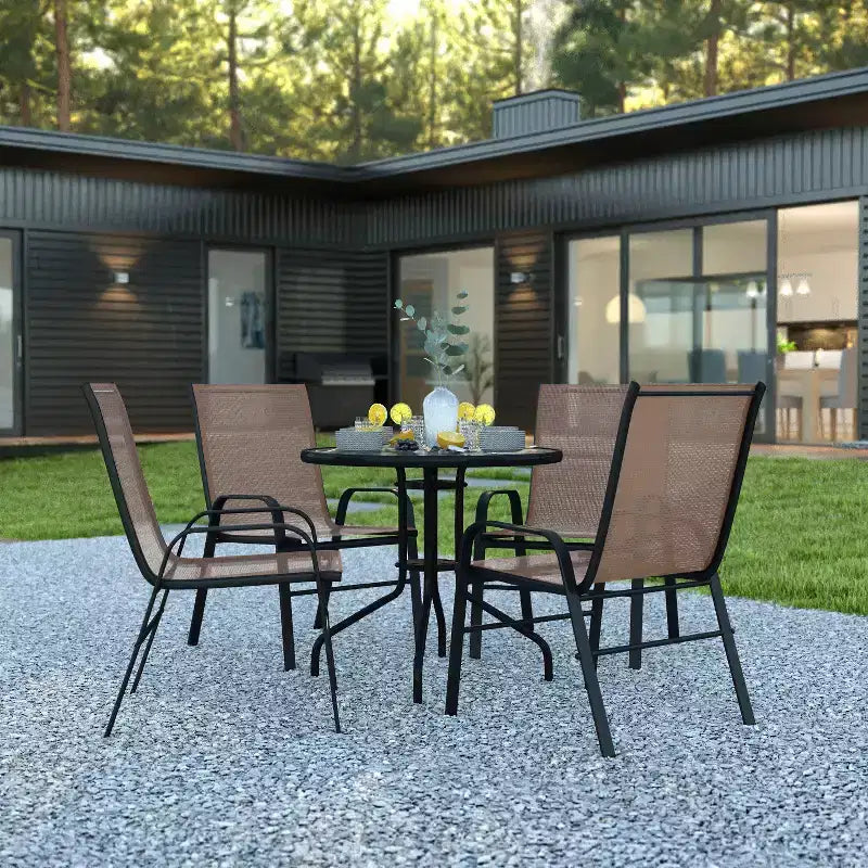 Flash Furniture 5 Piece Outdoor Patio Dining Set - Tempered Glass Patio Table, 4 Flex Comfort Stack Chairs