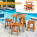 Costway 5PCS Acacia Patio Dining Set W/Square Table & 4 Stools Reddish Brown