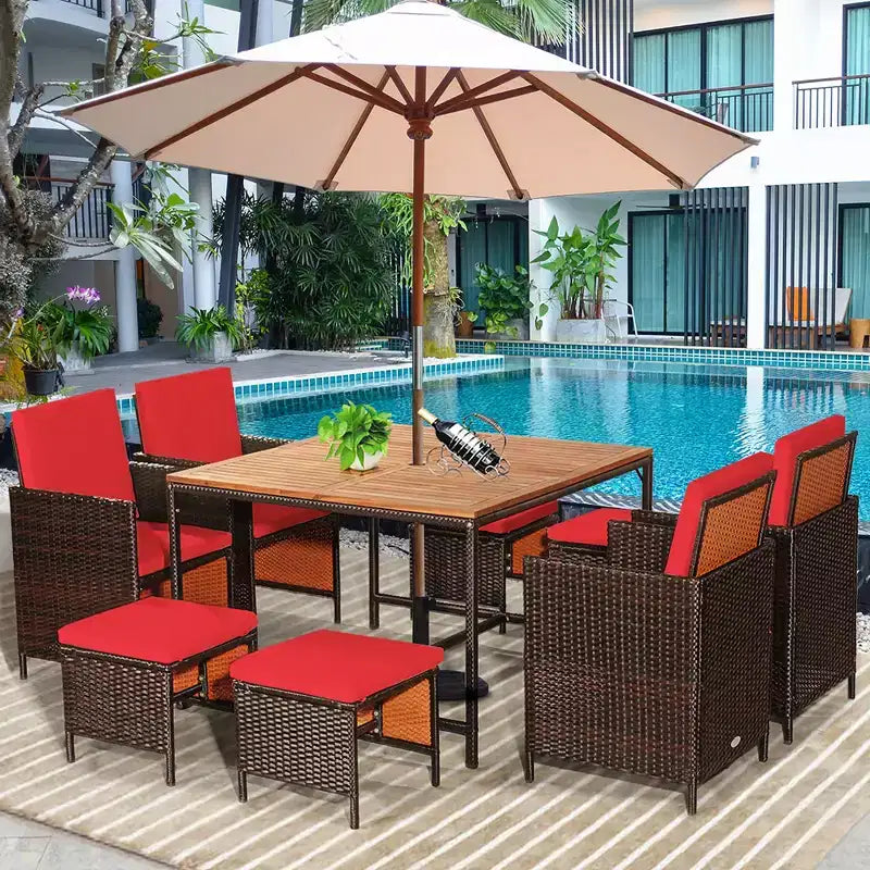 Costway 9PCS Patio Rattan Dining Set Cushioned Chairs Ottoman Wood Table Top White/Red/Black