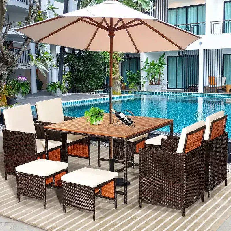 Costway 9PCS Patio Rattan Dining Set Cushioned Chairs Ottoman Wood Table Top White/Red/Black