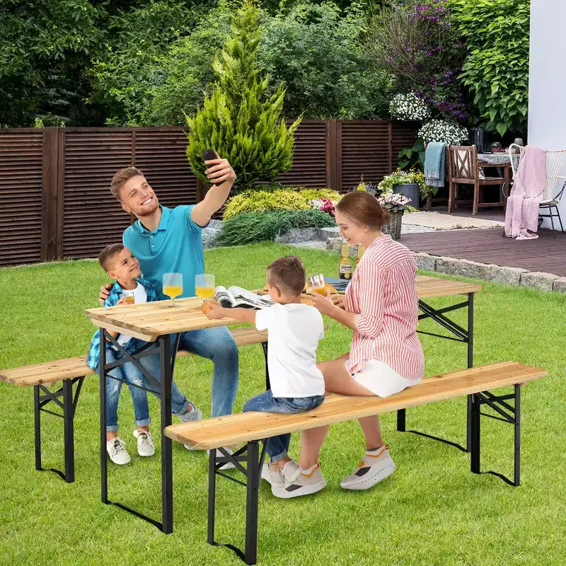 Costway 3 PCS Beer Table Bench Set Folding Wooden Top Picnic Table Patio Garden