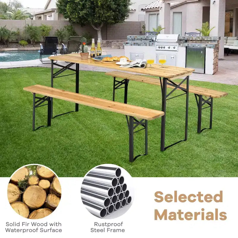 Costway 3 PCS Beer Table Bench Set Folding Wooden Top Picnic Table Patio Garden