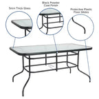 Ensemble table et 4 chaises de patio 5 pièces Emma et Oliver avec table rectangulaire en métal 80x140 cm avec plateau en verre trempé et 4 chaises empilables en aluminium noir