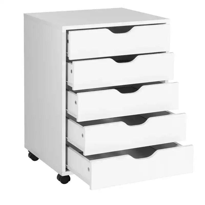 Cassettiera a 5 cassetti, mobiletto basso con ruote, colore bianco