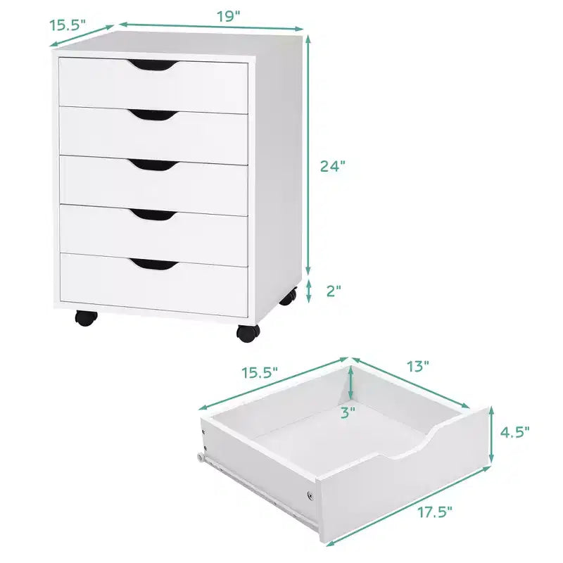 Cassettiera a 5 cassetti, mobiletto basso con ruote, colore bianco
