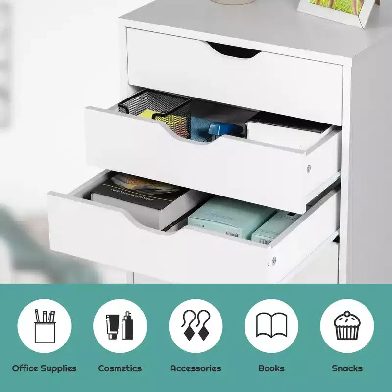 Cassettiera a 5 cassetti, mobiletto basso con ruote, colore bianco