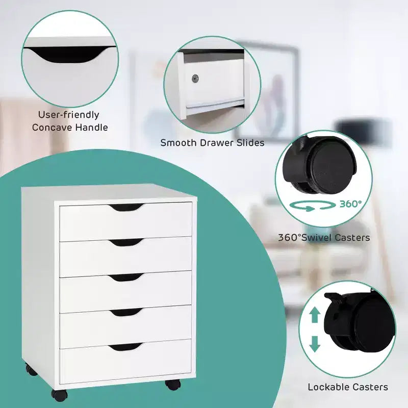 Cassettiera a 5 cassetti, mobiletto basso con ruote, colore bianco
