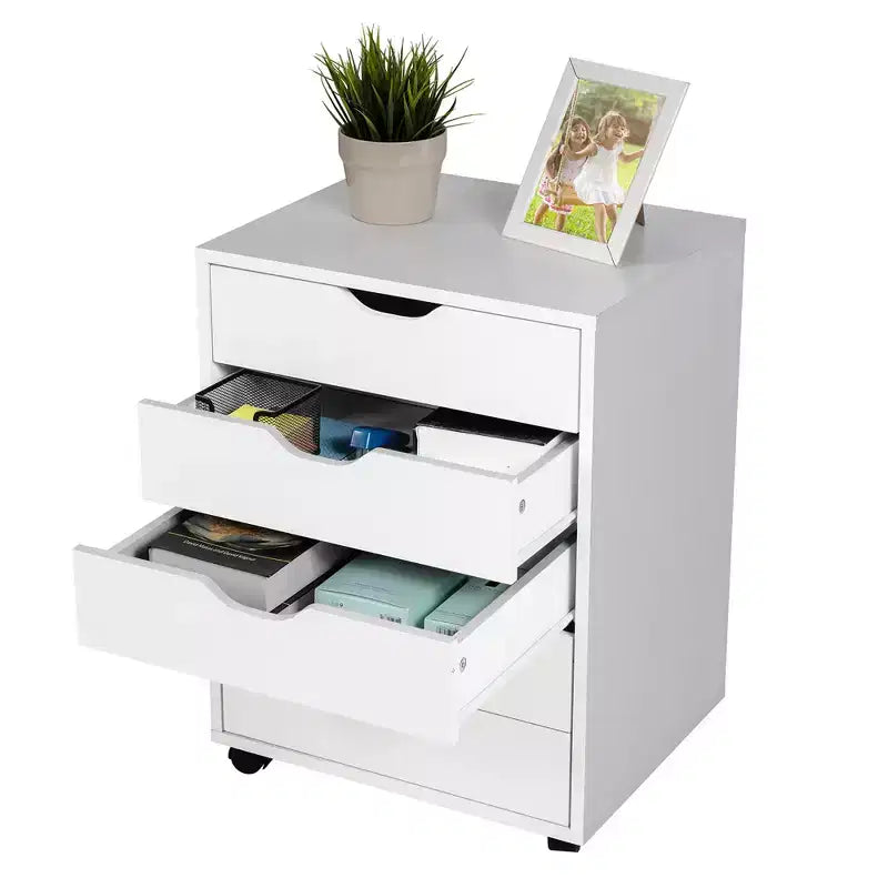 Cassettiera a 5 cassetti, mobiletto basso con ruote, colore bianco