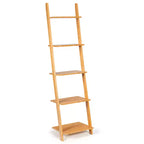 Costway 5-Tier Ladder Shelf Modern Bamboo Leaning Bookshelf Ladder Bookcase Open Display